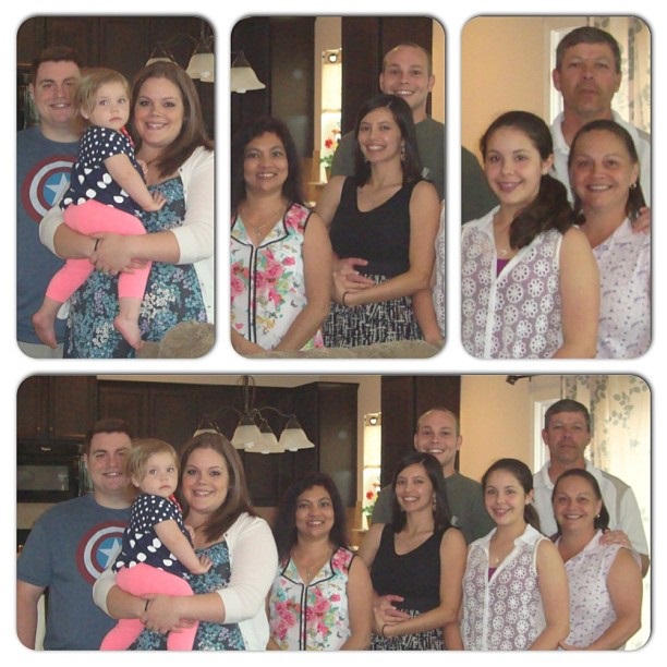 Left to right: Brother in law, (baby) Niece, sister in law, my mom, me, Hubs (behind me), younger sister in law, mother in law and father in law.