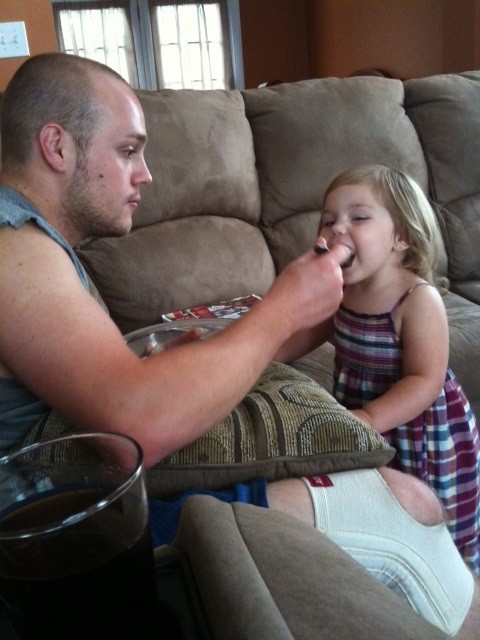 Eating steamed cabbage.